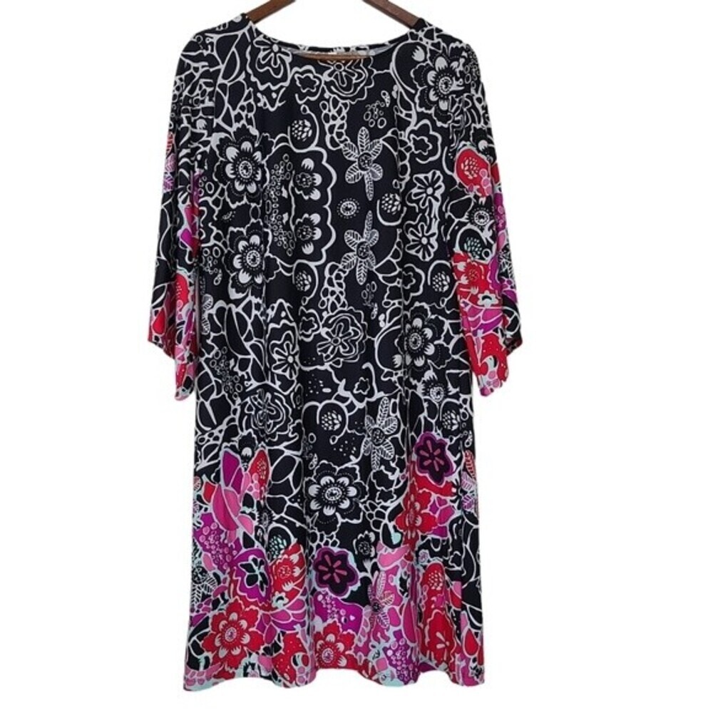 NY Collection Black Pink Floral Womens 3/4 Sleeve Shift Dress Size Large